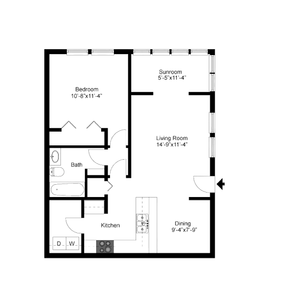 2D floor plan of the A2 Newbury 720-square-foot one-bedroom, one-bath apartment at Town Place Apartments.