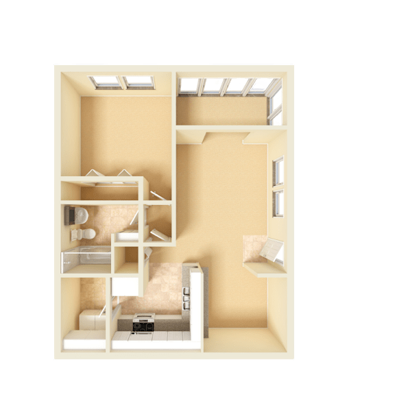 3D unfurnished rendering of the A2 Newbury 720-square-foot one-bedroom, one-bath apartment at Town Place Apartments.