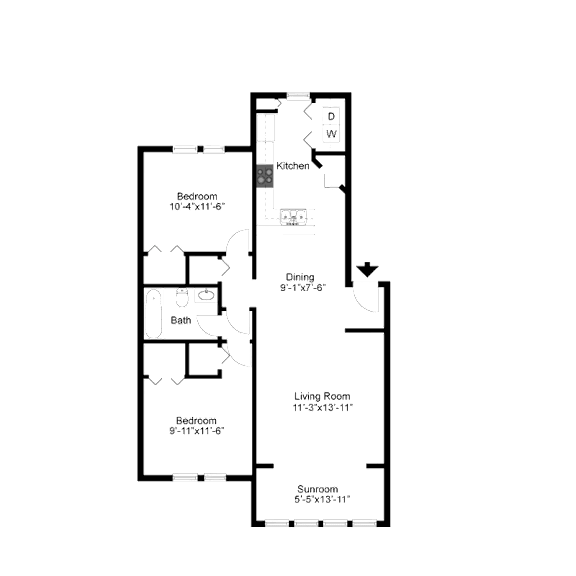2D floor plan of the B1 Harvard 836-square-foot two-bedroom, one-bath apartment at Town Place Apartments.
