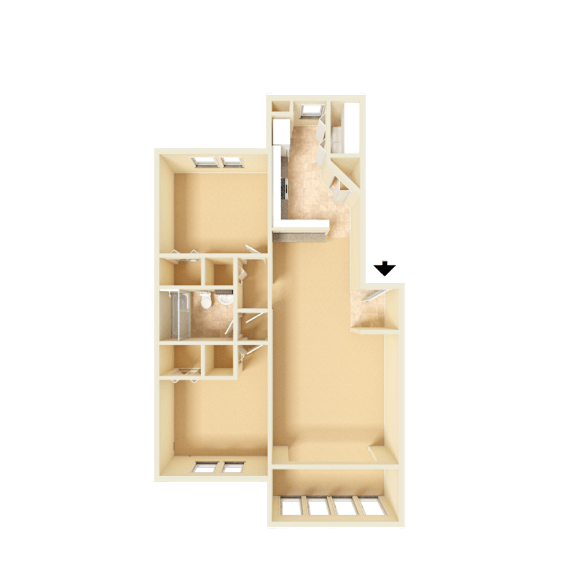 3D unfurnished rendering of the B1 Harvard 836-square-foot two-bedroom, one-bath apartment at Town Place Apartments.