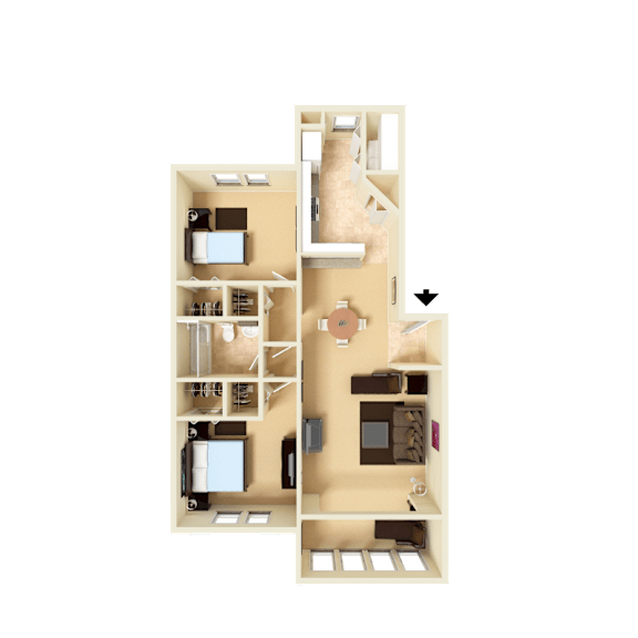 3D furnished rendering of the B1 Harvard 836-square-foot two-bedroom, one-bath apartment at Town Place Apartments.