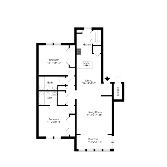 2D floor plan of the B2 Copley 1,036-square-foot two-bedroom, two-bath apartment at Town Place Apartments.