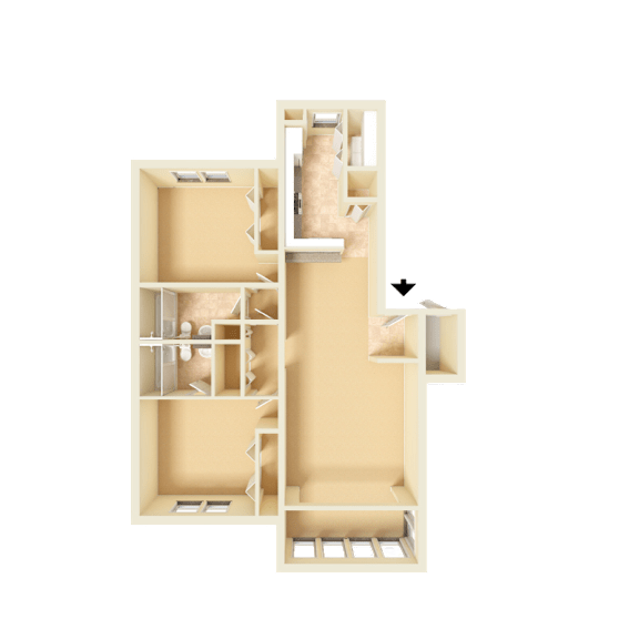 3D unfurnished rendering of the B2 Copley 1,036-square-foot two-bedroom, two-bath apartment at Town Place Apartments.