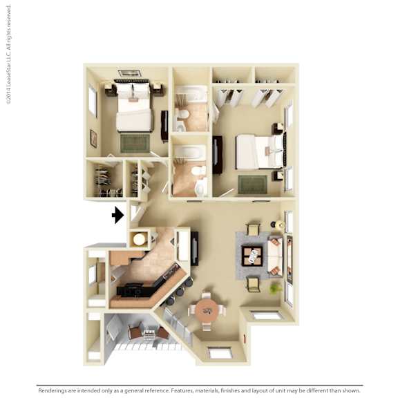 Furnished 3D floor plan of the Boca Grande two-bedroom, two-bathroom apartment at Providence at Palm Harbor, staged to show furniture placement in the living room, dining area, bedrooms, and kitchen.