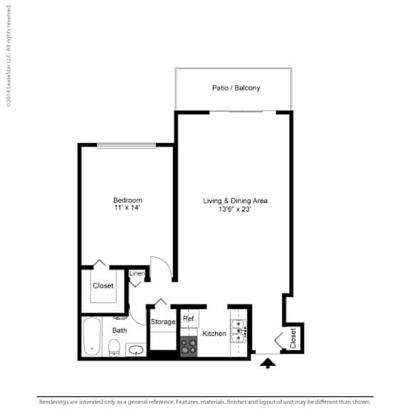 A floor plan of a small apartment with a bedroom, living and dining area, kitchen, bath, and storage.