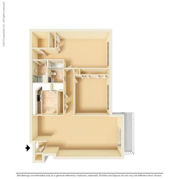 A diagram of a house with a kitchen, living room, and bathroom.