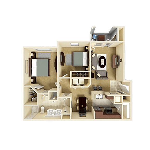 3D furnished rendering of the B1 Hibiscus 1,055-square-foot two-bedroom, one-bath apartment at Windsor Club at Legacy Park.