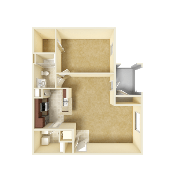 3D unfurnished rendering of the A1 Windsor 834-square-foot one-bedroom, one-bath apartment at Windsor Club at Legacy Park.
