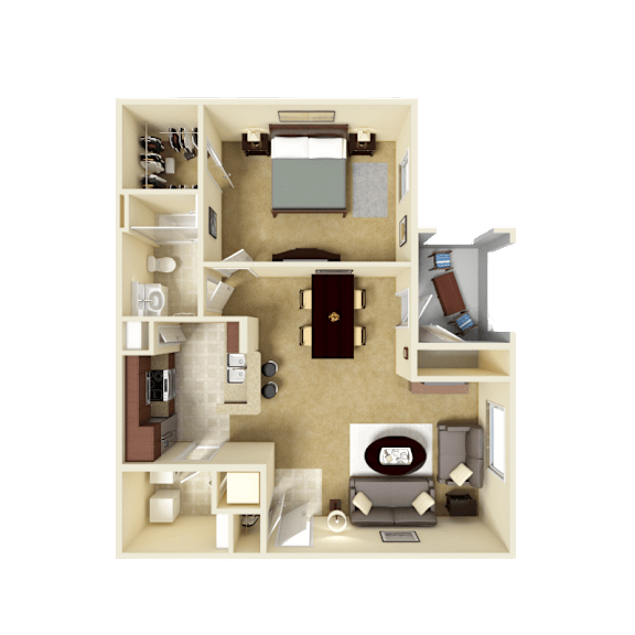 3D furnished rendering of the A1 Windsor 834-square-foot one-bedroom, one-bath apartment at Windsor Club at Legacy Park.
