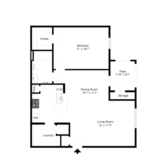 2D floor plan of the A1 Windsor 834-square-foot one-bedroom, one-bath apartment at Windsor Club at Legacy Park.