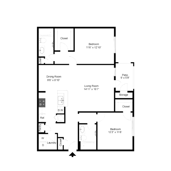 2D floor plan of the B2 Legacy 1,166-square-foot two-bedroom, two-bath apartment at Windsor Club at Legacy Park.