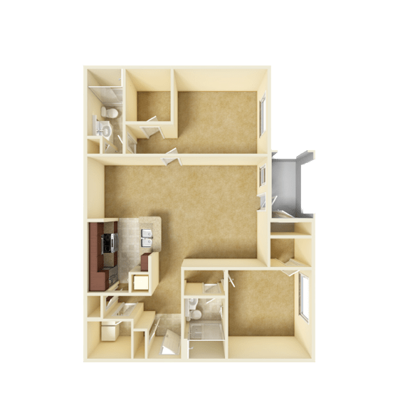 3D unfurnished rendering of the B2 Legacy 1,166-square-foot two-bedroom, two-bath apartment at Windsor Club at Legacy Park.