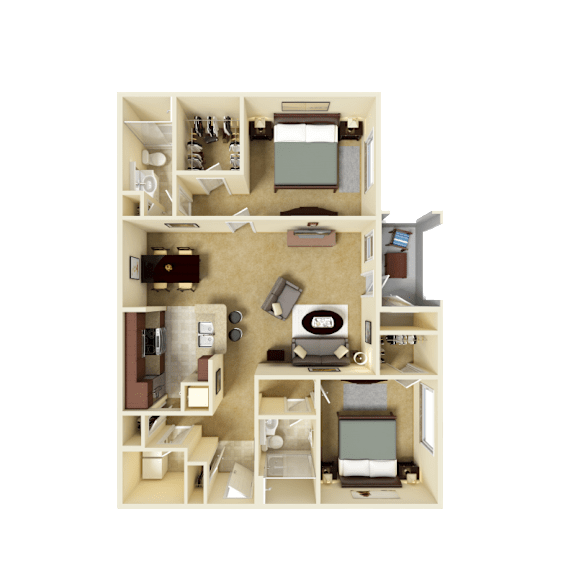 3D furnished rendering of the B2 Legacy 1,166-square-foot two-bedroom, two-bath apartment at Windsor Club at Legacy Park.