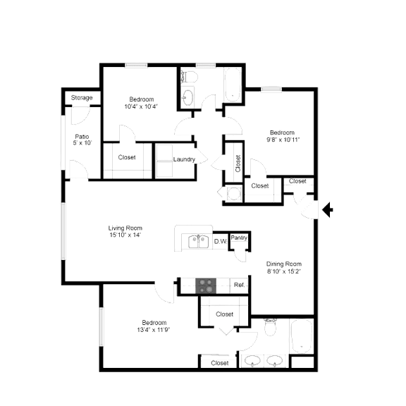 2D floor plan of the C1 Wiltshire 1,390-square-foot three-bedroom, two-bath apartment at Windsor Club at Legacy Park.