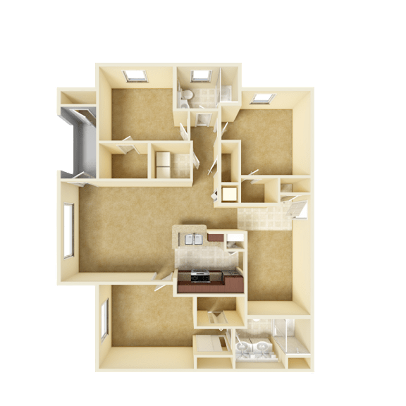 3D unfurnished rendering of the C1 Wiltshire 1,390-square-foot three-bedroom, two-bath apartment at Windsor Club at Legacy Park.