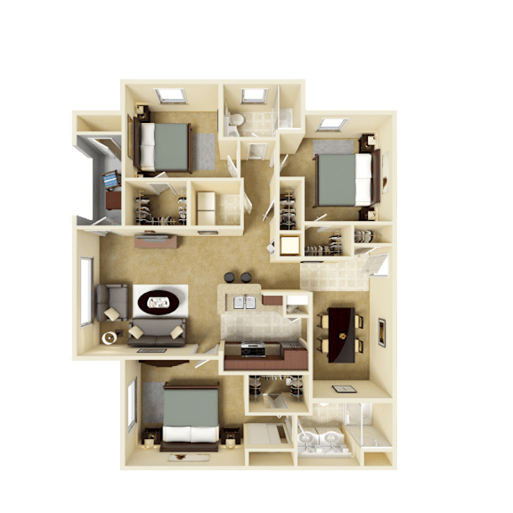 3D furnished rendering of the C1 Wiltshire 1,390-square-foot three-bedroom, two-bath apartment at Windsor Club at Legacy Park.