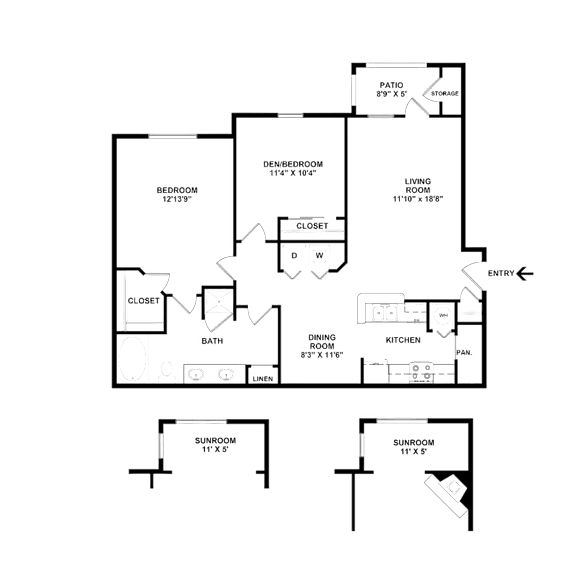 2D floor plan of the B1 Hibiscus 1,055-square-foot two-bedroom, one-bath apartment at Windsor Club at Legacy Park.