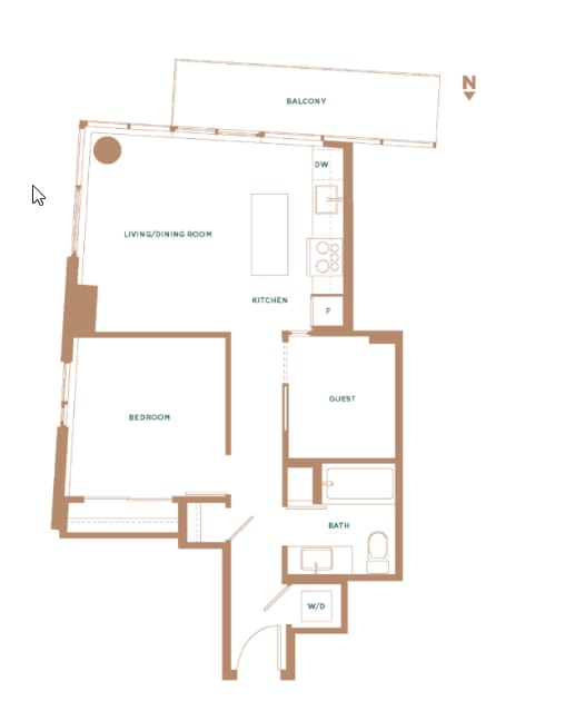 A floor plan of a balcony apartment with a living/dining room, kitchen, bedroom, bathroom, and guest room.