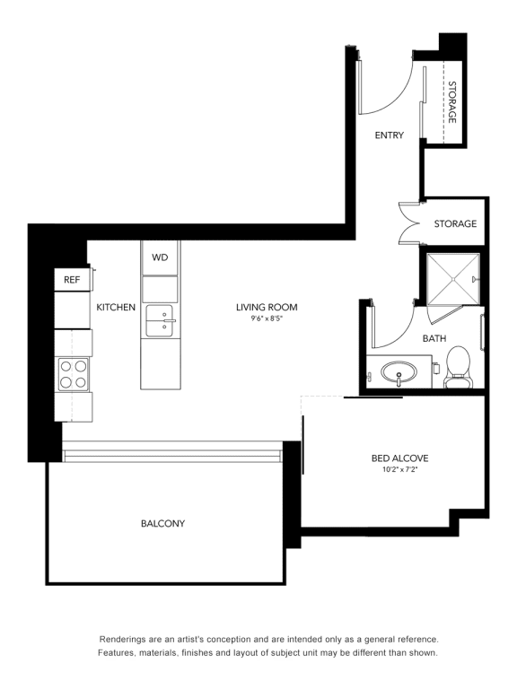a floor plan of an apartment with a bedroom and a living room