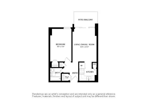 A floor plan of a home with a bedroom, bathroom, kitchen, and living/dining room.