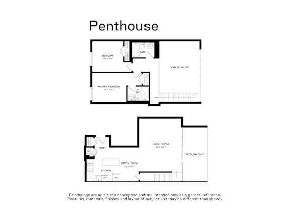 A drawing of a penthouse apartment with a living room, dining room, kitchen, and two bedrooms.