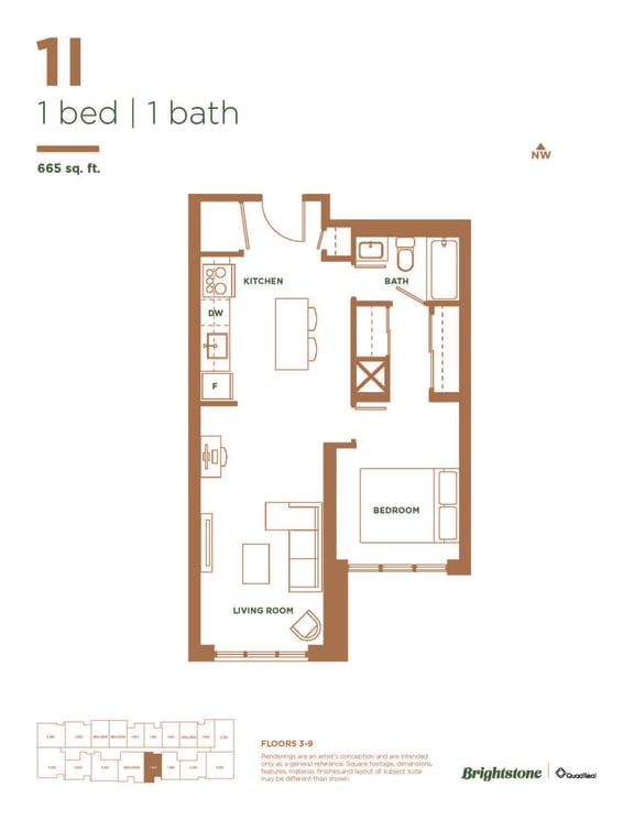 a typical floor plan of a 1 bedroom apartment