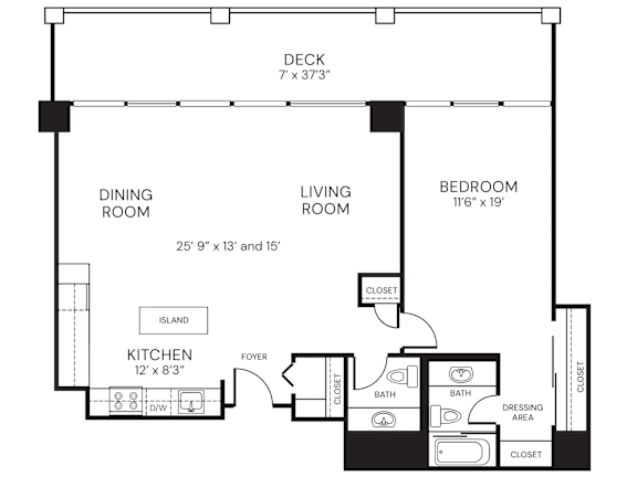 965sf 1 bedroom 1.5 bath