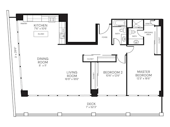Floor Plan  A black and white floor plan of a house with a kitchen, dining room, living room, two bedrooms, a bathroom, a foyer, and a closet.