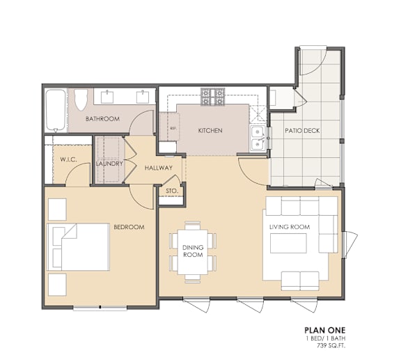 A floor plan of a one bedroom apartment with a living room, dining room, kitchen, bathroom, bedroom, and laundry area.