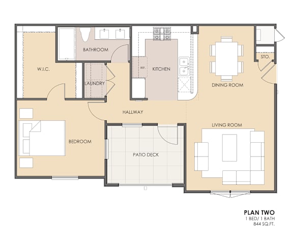 A floor plan of a two bedroom apartment with a living room, kitchen, dining room, bathroom, laundry, and bedroom.
