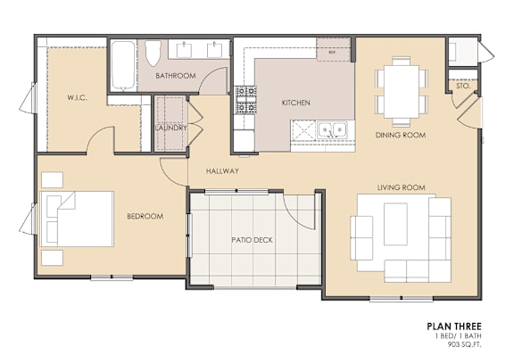 A floor plan of a one bedroom apartment with a living room, kitchen, bathroom, and a dining room.
