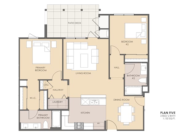 A floor plan of a two bedroom, two bathroom apartment.