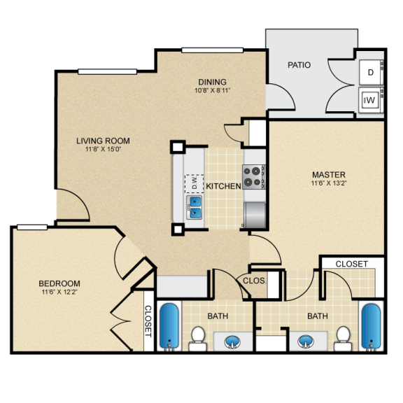 2 bed 2 bath B2 Floor Plan 2 bed 2 bath B2 Floor Plan at The Villages at Lost Creek, San Antonio, TX 78247