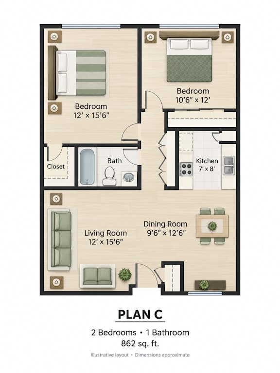 Floor Plan  A floor plan of a small apartment with two bedrooms, one bathroom, a kitchen, a living room, and a dining room.