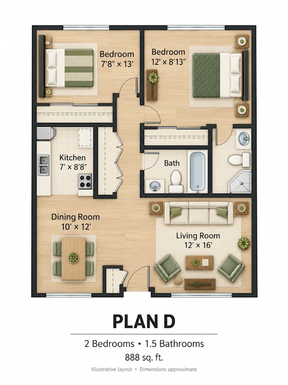 Floor Plan  A floor plan of a home with two bedrooms, 1.5 bathrooms, and a total area of 888 square feet.