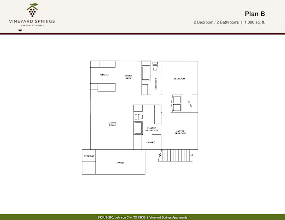 Floor Plan  A floor plan for a Vineyard Springs property with two bedrooms and two bathrooms.