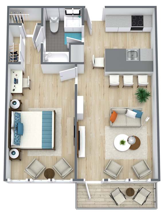 A top-down view of a living room, kitchen, and dining area.