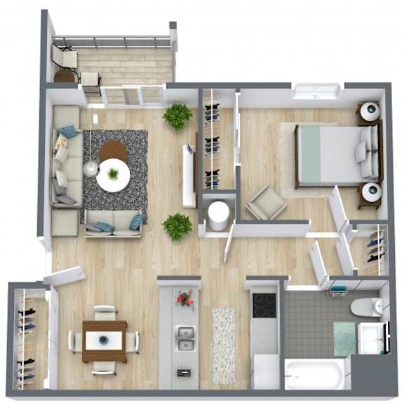 Floor Plan  A top-down view of a modern apartment layout with a living room, kitchen, and bathroom.