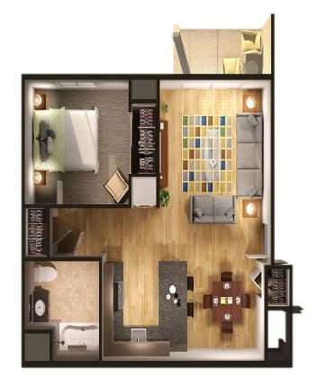A 3D floor plan of a small apartment with a living room, kitchen, and bedroom.
