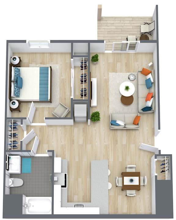 A top-down view of a modern apartment layout with a living room, dining area, kitchen, and bathroom.