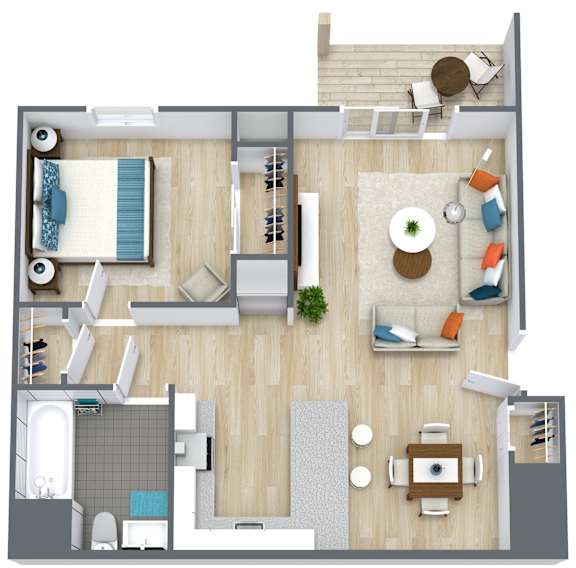 A top-down view of a modern apartment layout with a living room, dining area, kitchen, and bathroom.