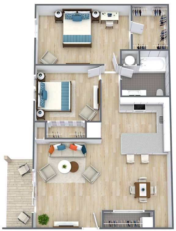 A top-down view of a house layout with a living room, kitchen, and dining area.