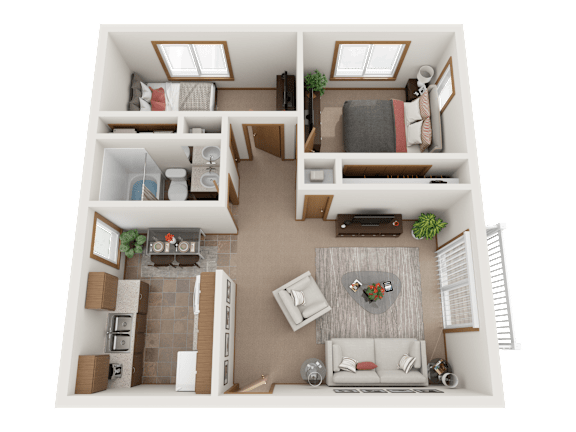 a 3d rendering of a 1 bedroom floor plan