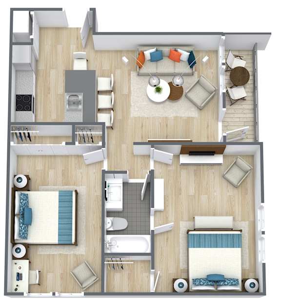 A floor plan of a house with two bedrooms, a living room, a kitchen, and a bathroom.