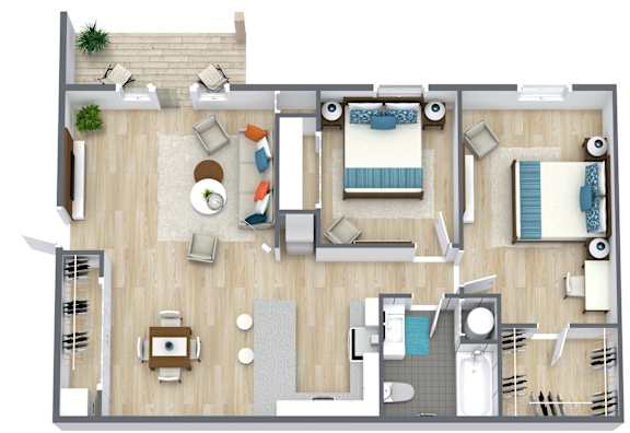 A top-down view of a house layout with a living room, kitchen, dining area, and bathrooms.