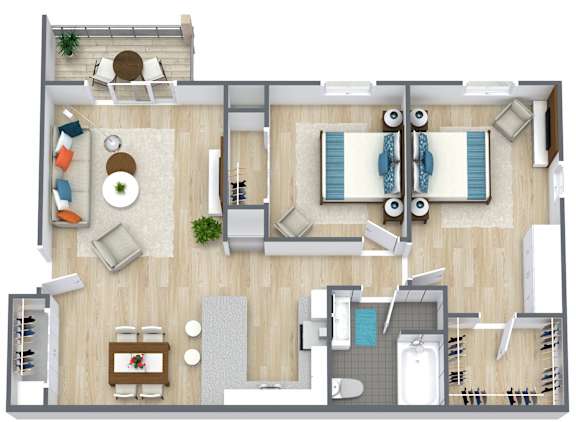 A top-down view of a modern apartment layout with a kitchen, living room, dining area, and bathroom.