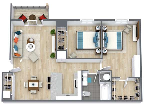 A top-down view of a well-furnished living room, kitchen, and dining area.