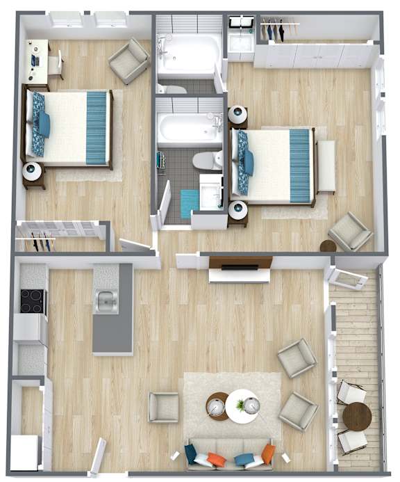 A top-down view of a living room, kitchen, and two bedrooms.
