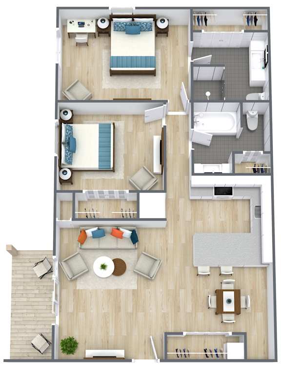A floor plan of a house with a living room, dining room, kitchen, and bathrooms.