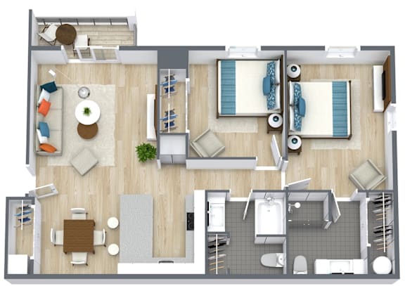 A top-down view of a well-furnished apartment layout.